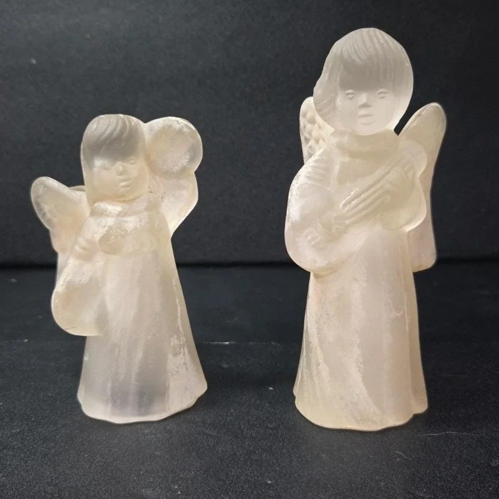 Frosted Glass Angel Candleholders, Set of 2, Vtg Candlestick Holders, Sculptures